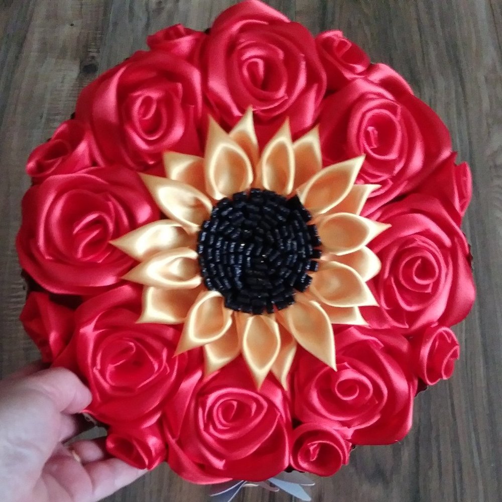Eternal red satin rose floral arrangement, love box 8 red roses, 1 sunflower